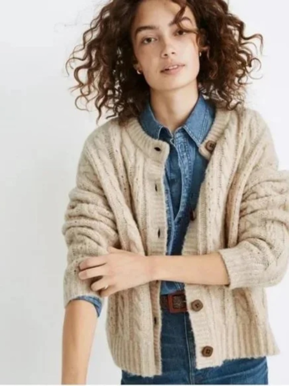 Madewell Pointelle Cable Cardigan Sweater Heather Powder Size Small